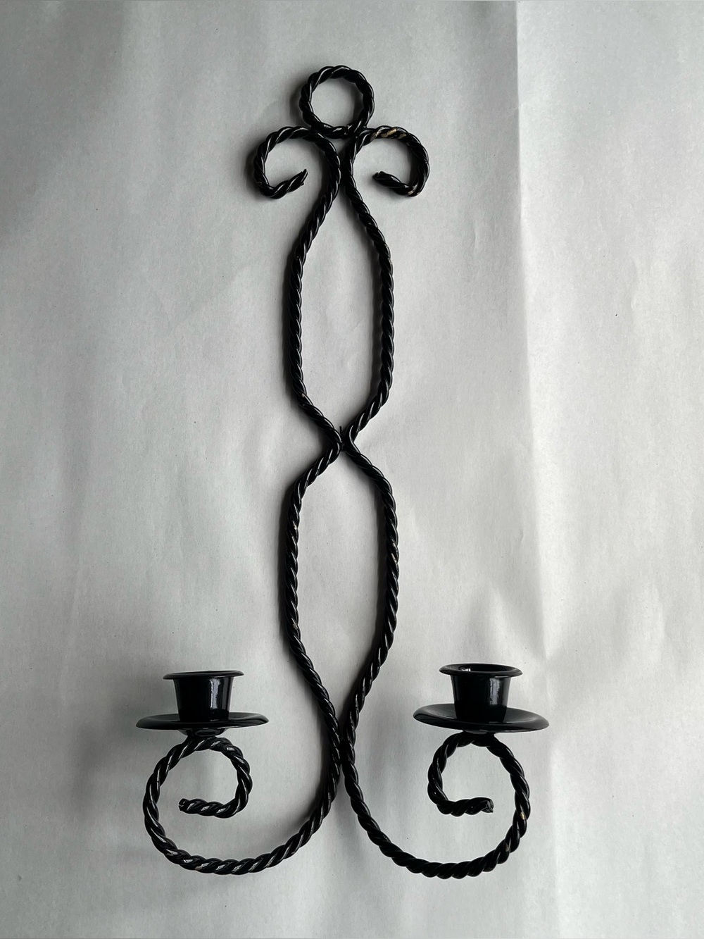 Vintage Black Twisted Wrought Iron Wall Hanging Candle Sconce 16x7”